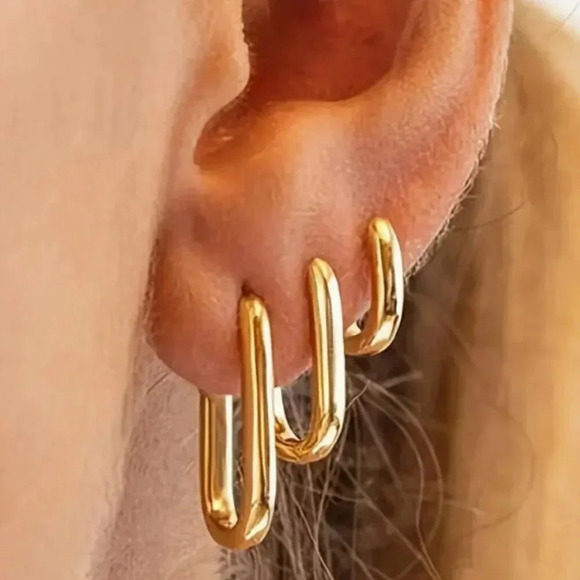 NEW - Stainless Steel - 3 Pair Squoval Hoop Bundle - Lever Clicker Back - Picture 1 of 3